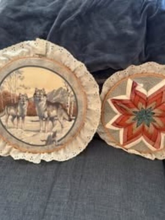 Other - Vintage Fabric Wall Art Pair – Wolves Scene & Quilted Starburst